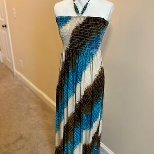Strapless Blue and Brown Maxi Dress (with beaded tie)